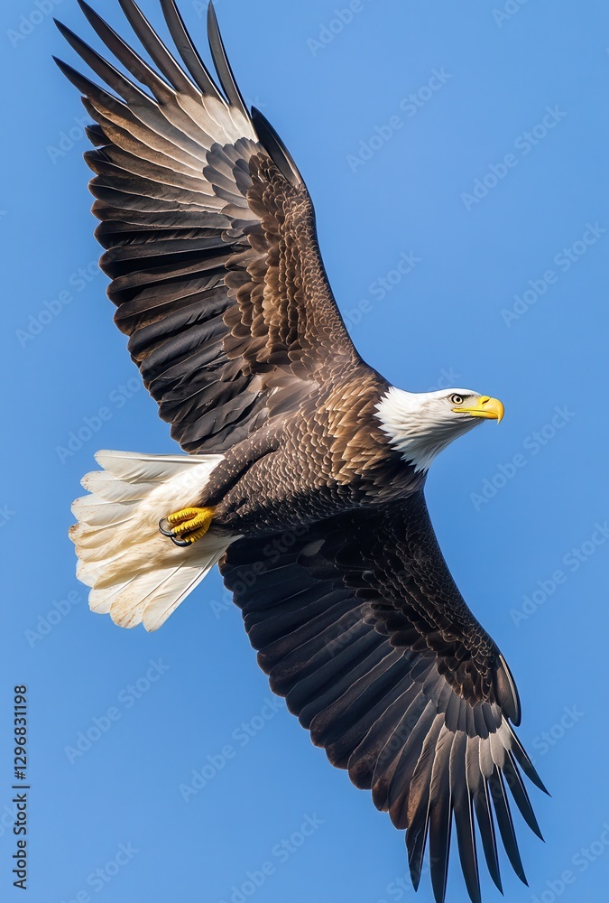 Majestic Bald Eagle Soaring Through Clear Blue Sky with Wings Spread Wide Capturing Freedom and Grace in Nature's Splendor Majestic Bald Eagle Soaring Through Clear Blue Sky with Wings Spread Wide Capturing Freedom and Grace in Nature's Splendor