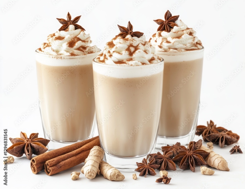 Three glasses of creamy spiced latte with cinnamon, star anise, and ginger. Three glasses of creamy spiced latte with cinnamon, star anise, and ginger.