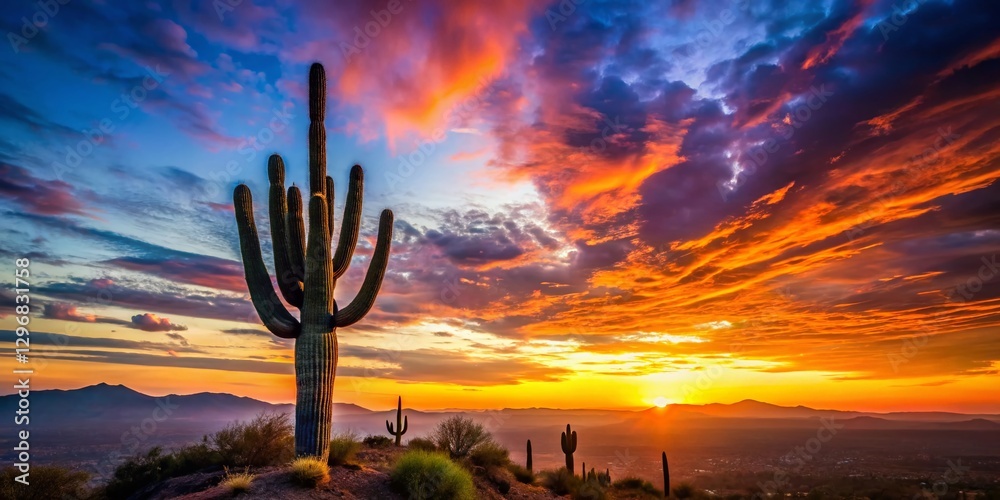 Silhouette Saguaro Cactus Sunset Hill - Arizona Desert Landscape Photography