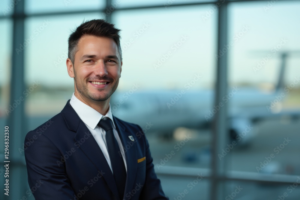 Head and shoulders Portrait of an elegant stylish Canadian 50 years old male flight attendant in uniform. Head and shoulders Portrait of an elegant stylish Canadian 50 years old male flight attendant in uniform.
