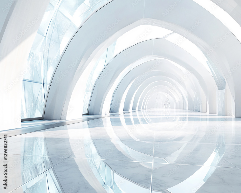 Fototapeta premium A futuristic, minimalist white corridor with smooth arches and reflective flooring, symbolizing innovation, clean design, and advanced architecture.