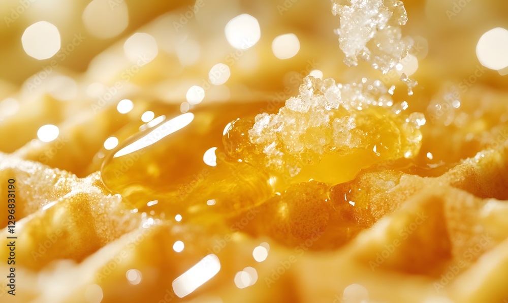 Golden syrup dripping onto a waffle, with a sugar sprinkle and bokeh lights Golden syrup dripping onto a waffle, with a sugar sprinkle and bokeh lights