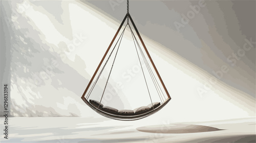 The image shows a teardrop-shaped hanging chair with a dark metal frame and a cushioned seat. It is suspended from the ceiling against a minimalist white wall with a textured surface visible in the