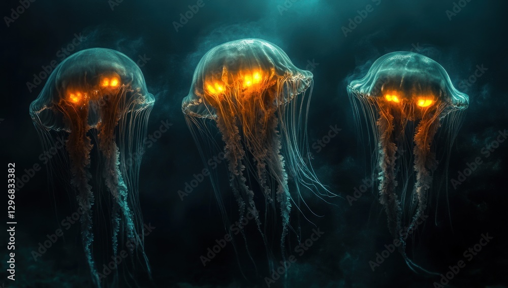Fototapeta premium Three glowing jellyfish in dark water.