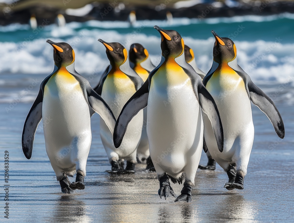 Obraz premium A Group of King Penguins Walking Along the Shoreline with Ocean Waves and Rocky Background Under Bright Clear Sky in Natural Habitat
