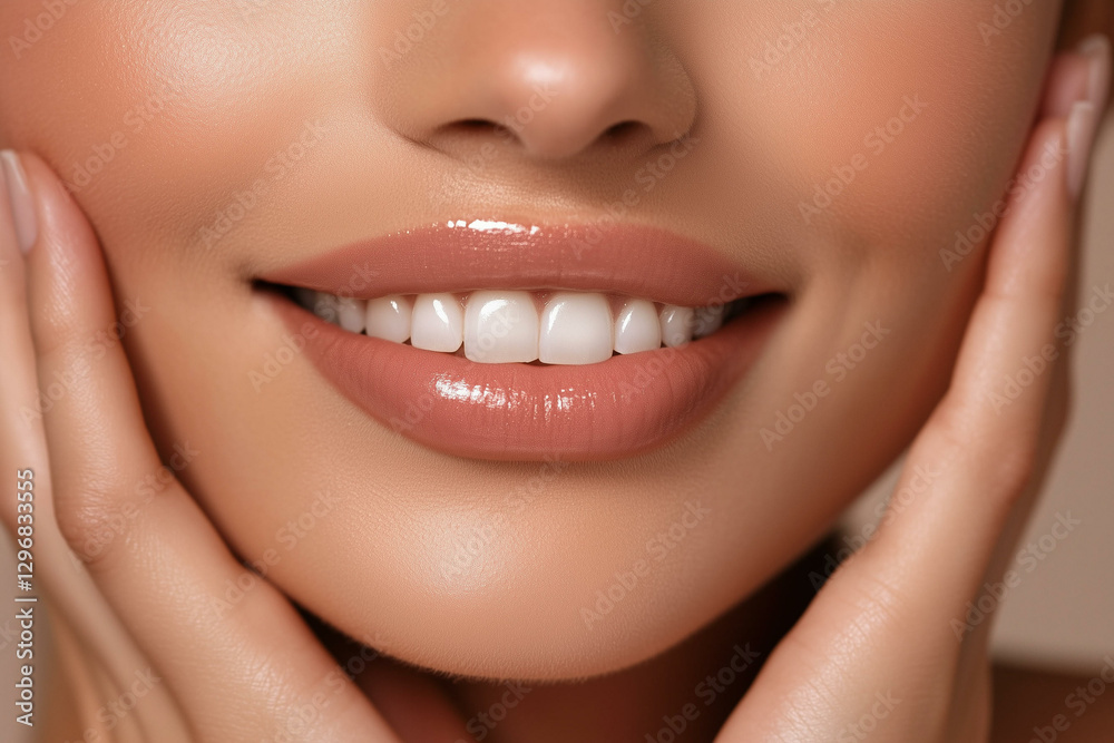 Close up of woman smiling. Beautiful female mouth with white teeth, happy girl with perfect smile. Dental care and beauty concept Close up of woman smiling. Beautiful female mouth with white teeth, happy girl with perfect smile. Dental care and beauty concept