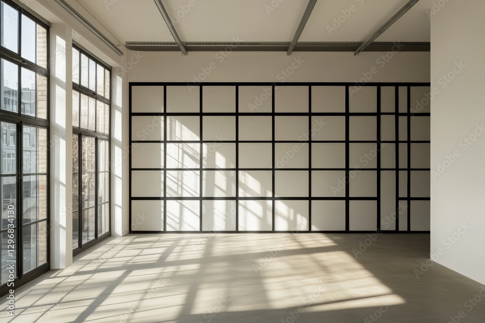 There is an empty room that features many windows plus a grid on the wall There is an empty room that features many windows plus a grid on the wall