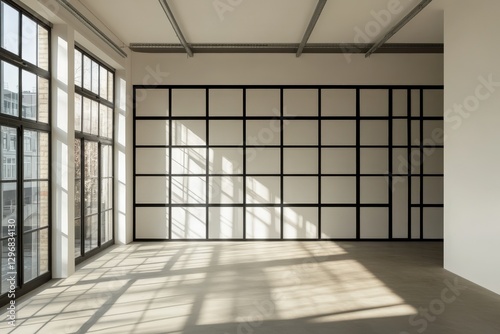 There is an empty room that features many windows plus a grid on the wall