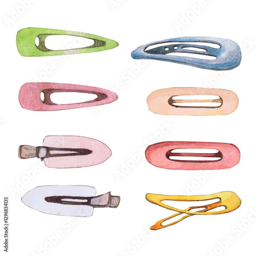 Watercolor illustrations of hairpins and hair items. Hand-drawn set of isolated clip art on a white background. Bright and stylish pictures of realistic hairpins and hair care devices for textiles