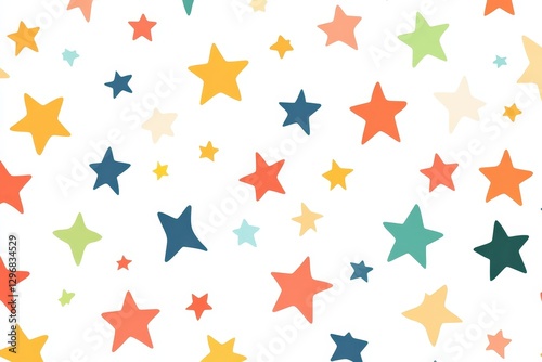 Minimalist vector illustration of colorful star shapes in a symmetrical seamless pattern design