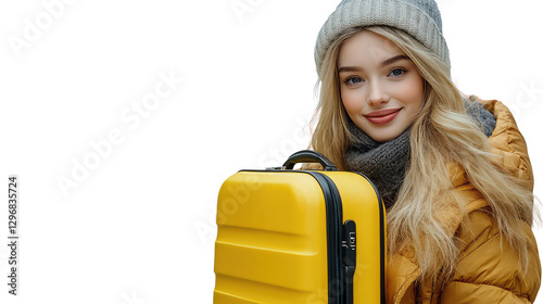 young girl with a suitcase isolated on transparent background. 