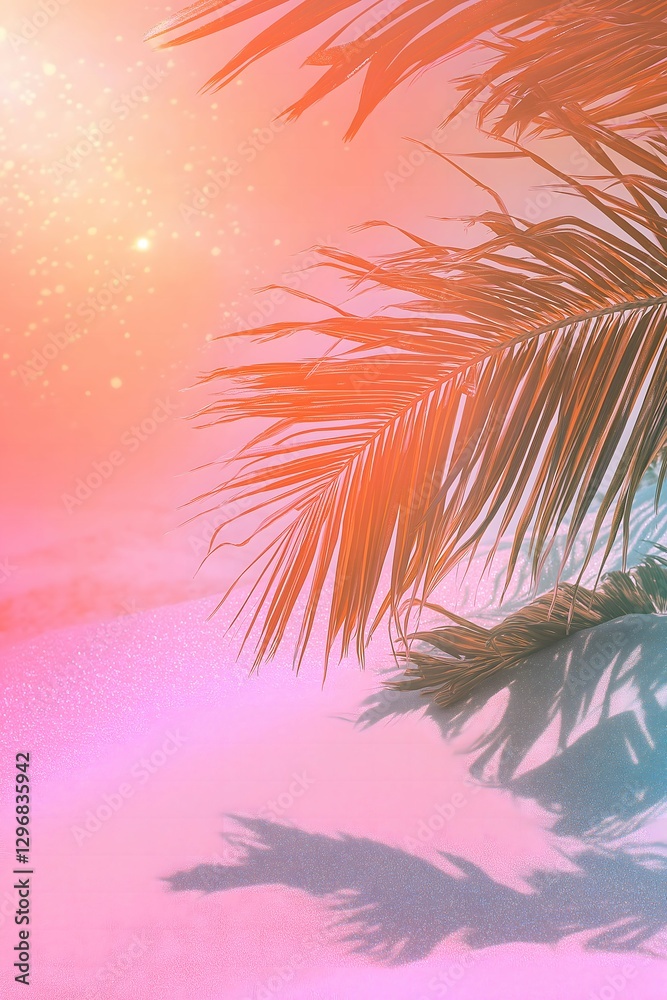 tropical background with palm trees in orange and peachy colors. Aesthetic, trendy, dreamy concept.