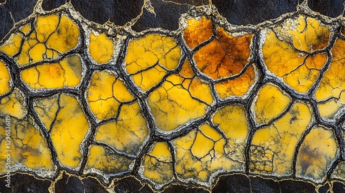 Abstract pattern shows cracked yellow surface with dark border photo