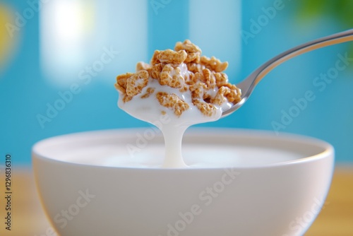 A spoonful of cereal with milk being lifted from a bowl