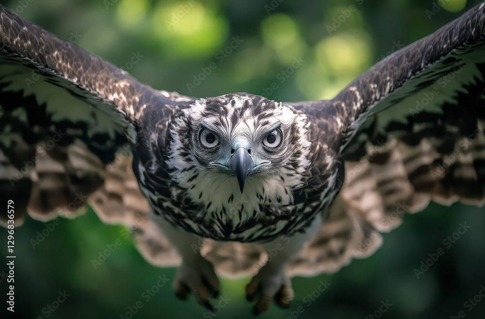 Obraz premium Majestic Bird of Prey in Flight Captured in Stunning Detail with Intense Gaze and Beautiful Feather Patterns Against a Natural Background