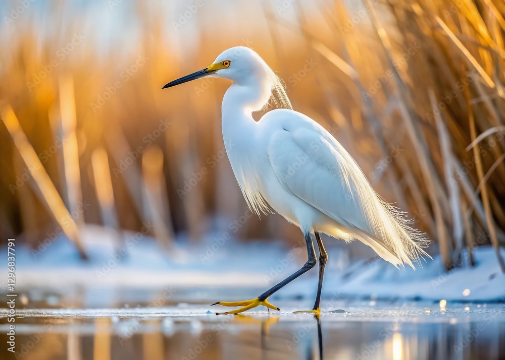 Obraz premium Snowy Egret Hunting in Snowy Wetland - Wildlife Photography