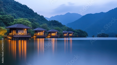 Tranquil Dusk Over a Lake with Rustic Cabins
