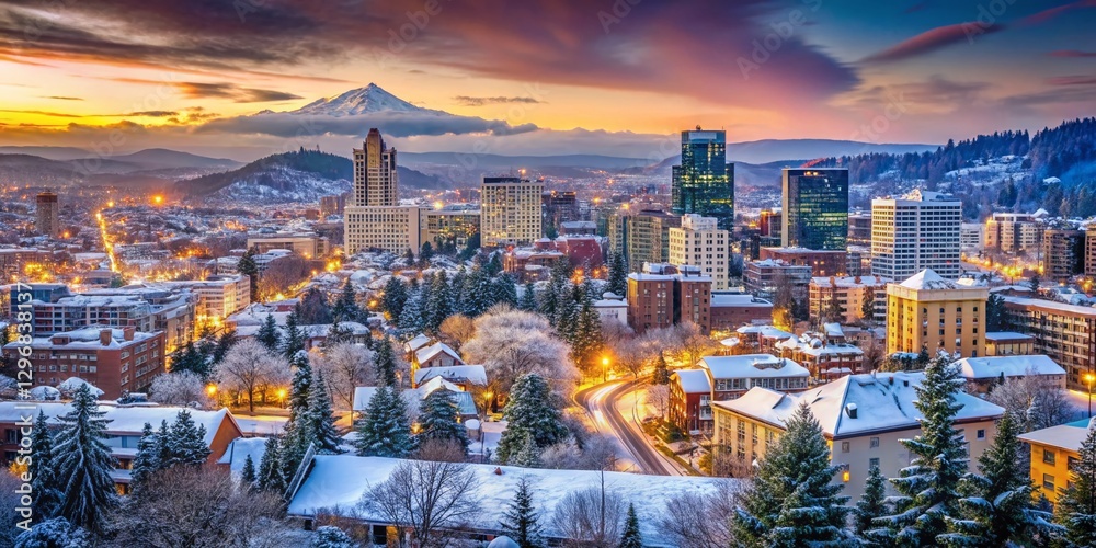 Fototapeta premium Snowy Portland Oregon Cityscape, Winter Wonderland Scene, Rule of Thirds Composition