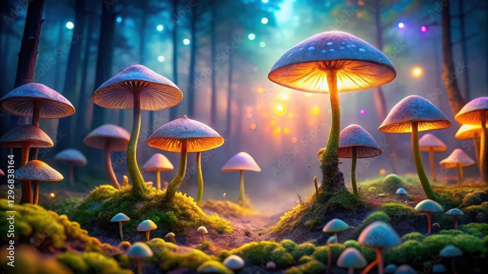 Fototapeta premium Ethereal landscapes with glowing mushrooms, glowing caps, fantastical, glowing caps, fantastical, dreamlike