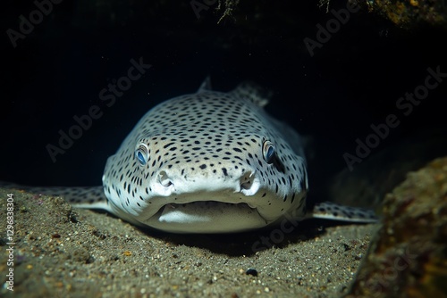 Leopard Shark Swimming Underwater near Rocky Seabed in Ocean photo