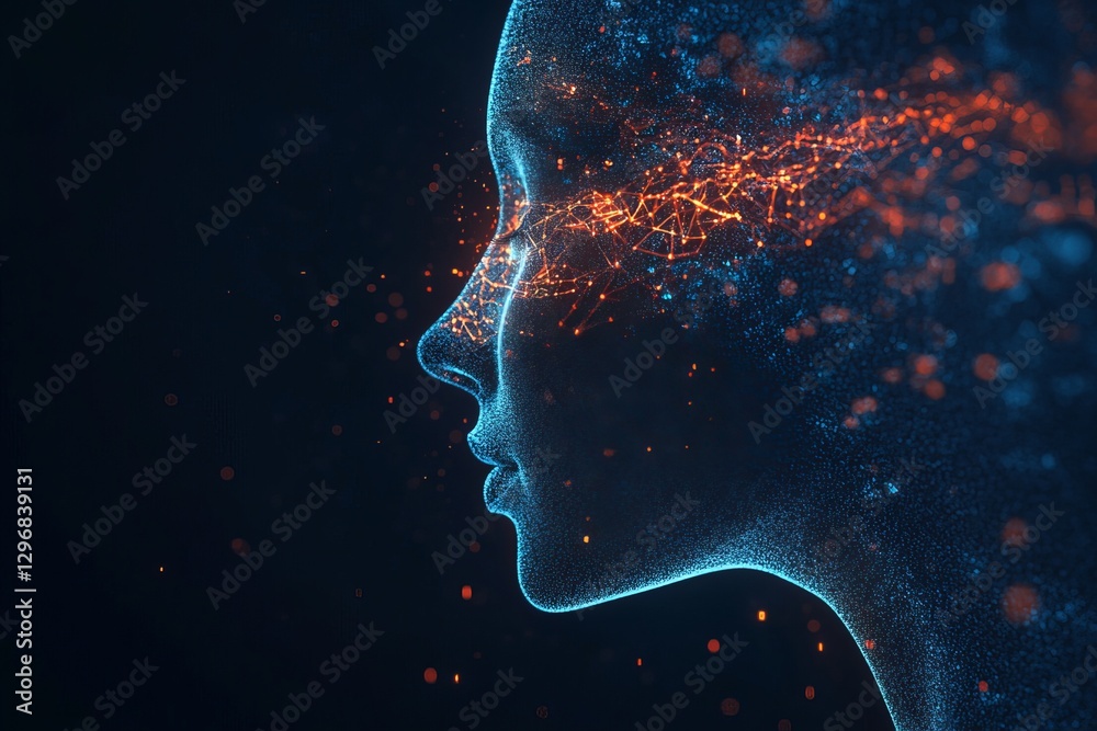 Abstract Digital Face Profile Futuristic Technology Artificial Intelligence Network Blue Orange Glowing Particles Modern Design Elegant Graphic Art   