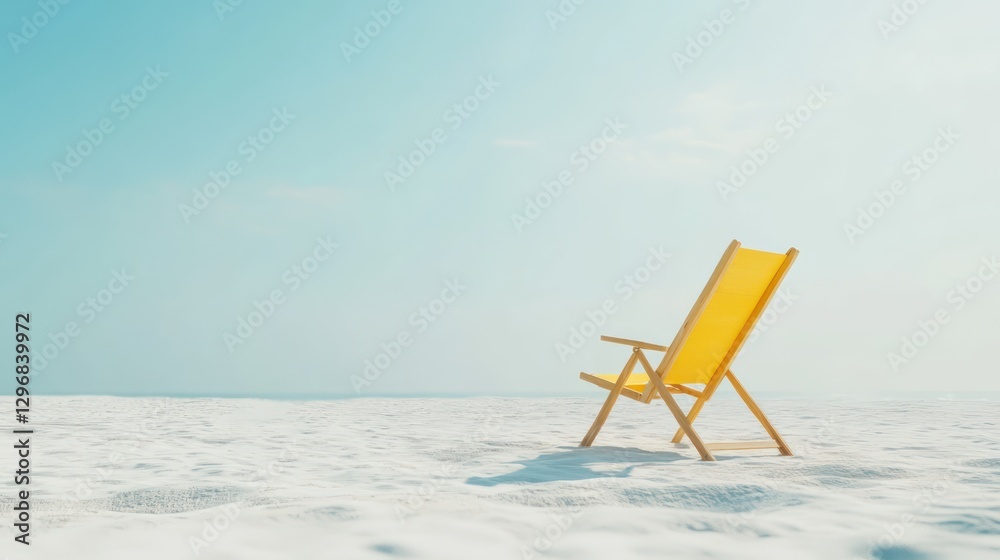 A yellow chair sits on the white sand beach in bright sunlight