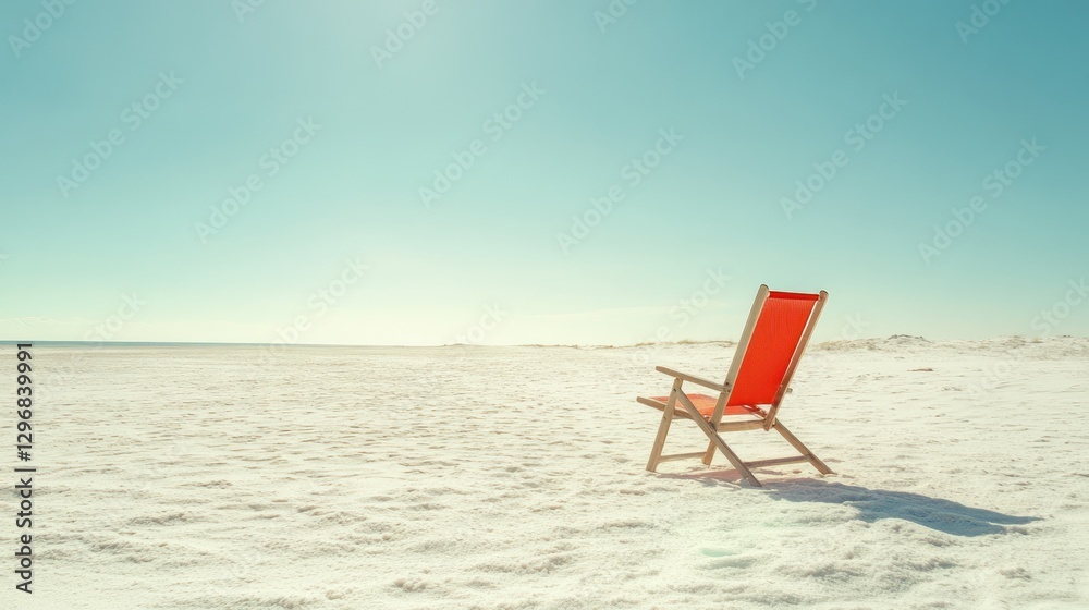 An Empty Red Chair Sits on a White Sandy Beach