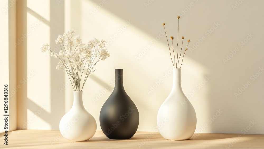 Three vases with dried flowers in sunlight. Three vases with dried flowers in sunlight.