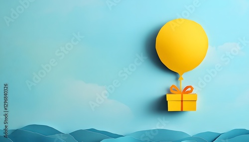 A cheerful yellow balloon carries a matching gift box