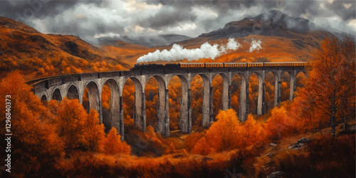 Majestic Steam Train Crossing Glenfinnan Viaduct in Autumnal Highland Landscape with Vibrant Foliage and Rolling Hills Under Moody Skies - Vector Illustration