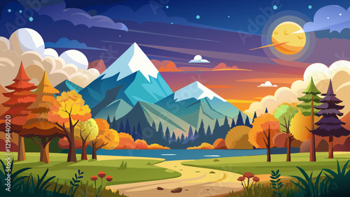 day and night time change concept above panoramic landscape in october. grassy meadow and trees in fall foliage. mountain range in the distance beneath a sun and moon on the sky