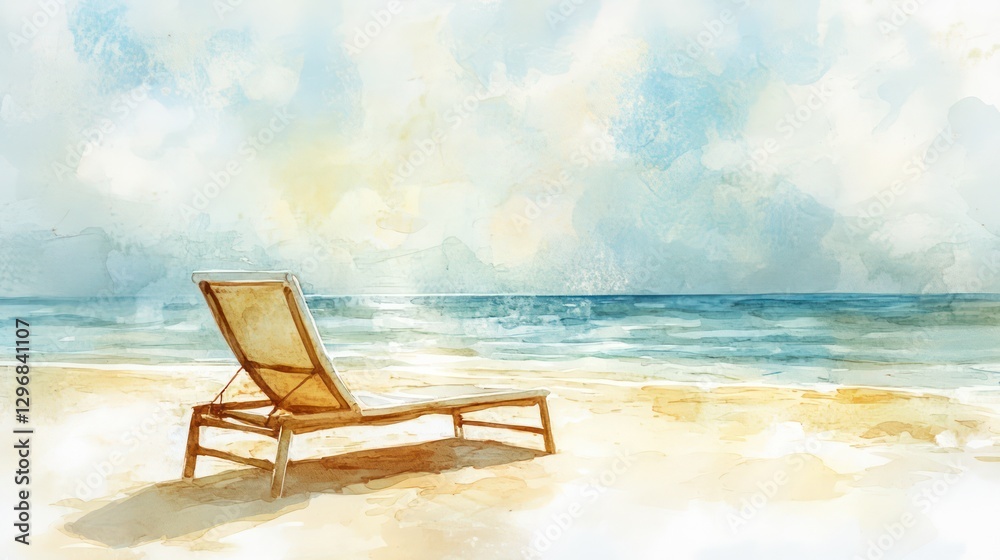 A Watercolor Painting Depicting Beach Scene And Beach Chair A Watercolor Painting Depicting Beach Scene And Beach Chair