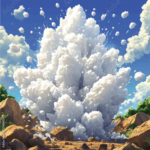 Dynamic Anime Explosion Scene Vector - Majestic Cloud Burst Amidst Rocks and Trees Under Clear Blue Sky, High-Quality Illustrative Art for Creative Projects