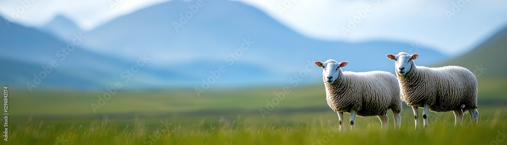 Two sheep stand gracefully in a lush green field, with distant hills creating a serene backdrop, embodying tranquility and nature. Two sheep stand gracefully in a lush green field, with distant hills creating a serene backdrop, embodying tranquility and nature.
