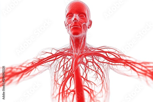 A man's body is shown in red with veins and arteries  , isolated on white background