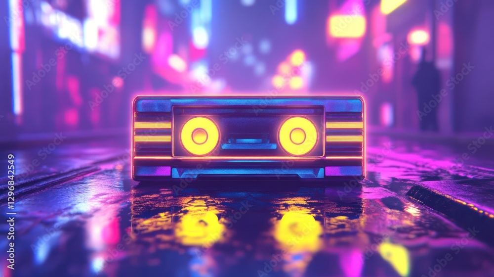 Fototapeta premium A futuristic neon lit cassette tape in a neon city scene