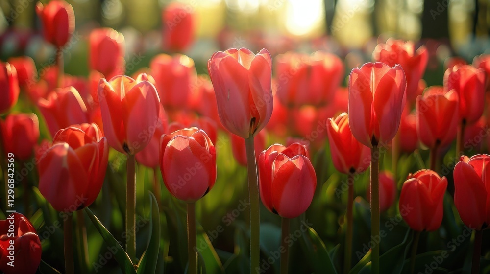 Fototapeta premium Vibrant Tulip Field at Sunset with Soft Lighting and Lush Green Foliage