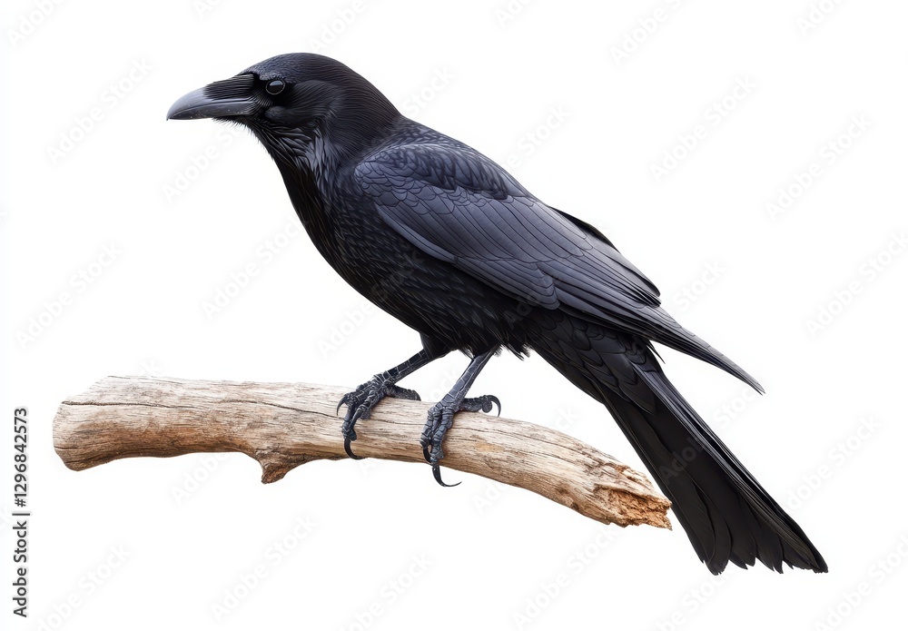 Obraz premium Majestic Black Raven Perched on a Rustic Branch Against a Clean White Background, Showcasing Intricate Feathers and Sharp Beak Features