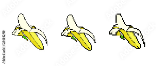 Three bananas shown in pixel style. each banana is partially peeled, creating an artistic effect.