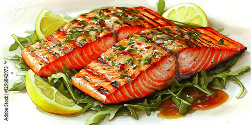 Grilled Salmon Fillets on Arugula with Lemon Slices and Herb Garnish - Vector Illustration of Healthy Gourmet Dish with Fresh Ingredients and Citrus Accents