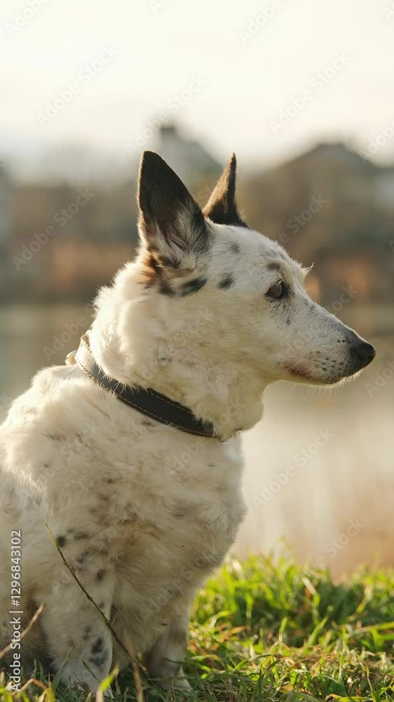 Portrait of a small black and white dog at sunset, backlit , blurred lake in the background. Portrait of a small black and white dog at sunset, backlit , blurred lake in the background.