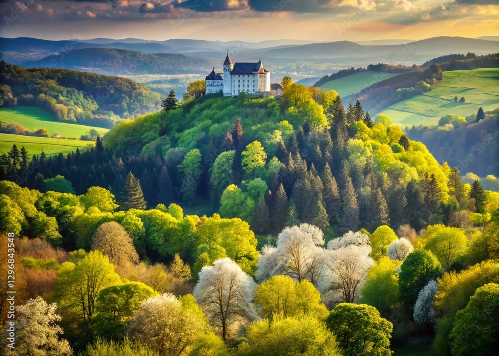 Spring Valley Landscape: White Castle on Hilltop, Overgrown Trees, Candid Photography Spring Valley Landscape: White Castle on Hilltop, Overgrown Trees, Candid Photography