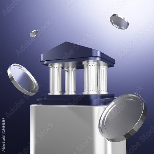 Bank of Wealth: A modern rendition of a classic building rises above a silver block as coins float around it, illustrating financial concept.