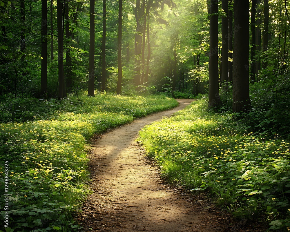 Fototapeta premium A winding forest pathway bathed in sunlight passing through the trees