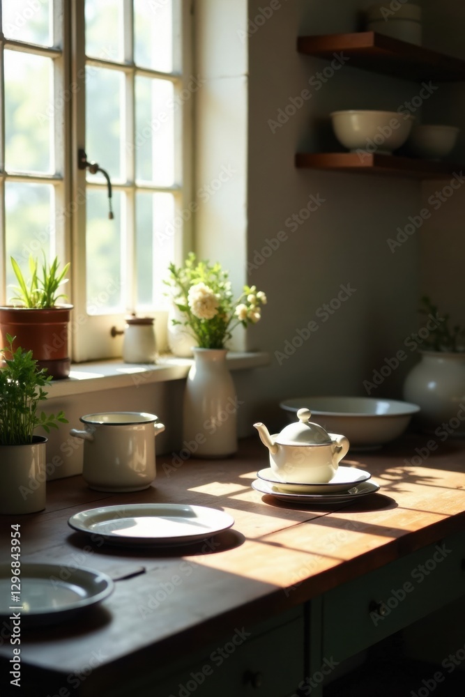 Sunlit Kitchen Counter with Rustic Charm and Simple White Tea Set Sunlit Kitchen Counter with Rustic Charm and Simple White Tea Set