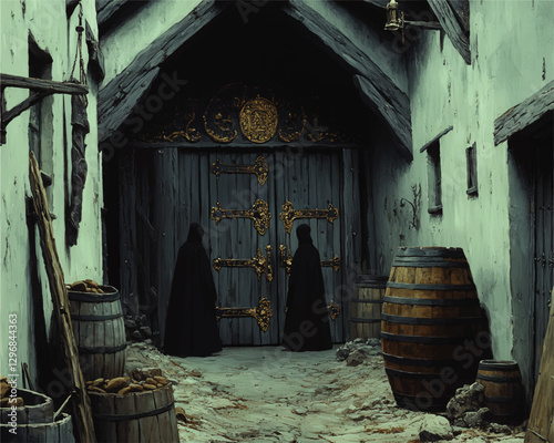 Mystical Medieval Village Scene: Two Hooded Figures at Ornate Wooden Gate, Atmospheric Alleyway with Barrels, Mysterious Cloaked Silhouettes, Historic Architecture