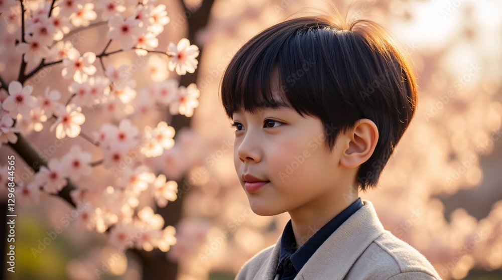 Young boy gazes serenely amidst a breathtaking backdrop of delicate cherry blossoms bathed in the warm glow of the setting sun, a picturesque spring scene. Young boy gazes serenely amidst a breathtaking backdrop of delicate cherry blossoms bathed in the warm glow of the setting sun, a picturesque spring scene.