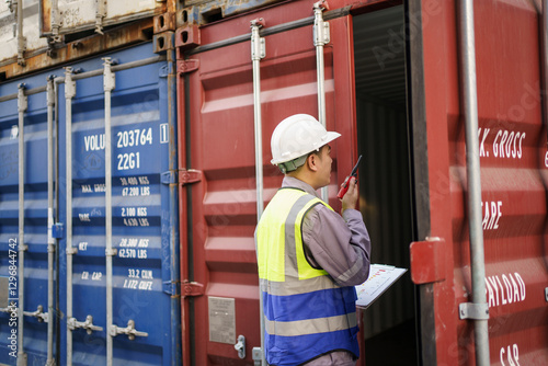 Tableau sur toile Customs clearance officer or shipyard engineer is inspects against the import - export cargo containers