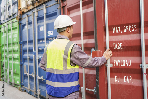 Customs clearance officer or shipyard engineer is inspects against the import - export cargo containers.