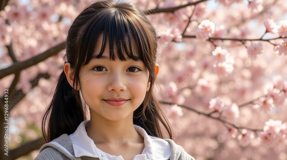 Smiling girl, pigtails, gentle gaze, amidst a breathtaking backdrop of delicate pink cherry blossoms in full bloom. Spring's gentle beauty. Smiling girl, pigtails, gentle gaze, amidst a breathtaking backdrop of delicate pink cherry blossoms in full bloom. Spring's gentle beauty.